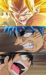  battle black_hair blue_hair crossover dragon_ball dragonball_z dream_9_toriko_x_one_piece_x_dragon_ball_z_super_collaboration_special epic monkey_d_luffy multiple_boys one_piece scar son_gokuu super_saiyan_3 toriko toriko_(series) 