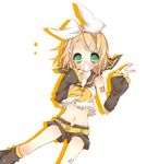  belt blonde_hair blush character_name colorized erioxx green_eyes highres inaresi kagamine_rin looking_at_viewer midriff navel open_mouth short_hair shorts simple_background smile solo vocaloid white_background 
