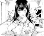  black_hair breasts censored cum cum_on_body cum_on_breasts cum_on_upper_body ejaculation kurofudo large_breasts looking_at_viewer monochrome nipples paizuri penis 