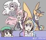  2boys 3girls animal_ears bkub_(style) cat_ears chen commentary dated earrings freckles hat heather_mason henchman_24 jewelry junkpuyo leon_s_kennedy long_hair megurine_luka multiple_boys multiple_girls pink_hair resident_evil resident_evil_6 silent_hill silent_hill_3 the_venture_bros. thumbs_up touhou vocaloid 