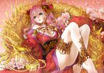  anklet bad_id bad_pixiv_id barefoot bracelet dragon flower green_eyes hair_ornament japanese_clothes jewelry kimono legs lips long_hair original peony_(flower) pink_hair solo yuzu_5101 