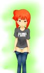  1girl aizawa_eiko angry denim highres jeans panties pants pants_down pants_pull shinryaku!_ikamusume shirt skinny_jeans sleepy striped striped_panties sweat t-shirt tired underwear undressing 