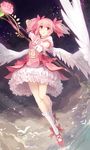  angel_wings arm_behind_head bird bobby_socks bow bow_(weapon) bubble_skirt choker cloud flower gloves hair_bow highres jewelry kaname_madoka kyurin_(sunnydelight) looking_at_viewer magical_girl mahou_shoujo_madoka_magica open_mouth pendant petals pink_eyes pink_flower pink_hair pink_rose pink_skirt puffy_sleeves red_footwear rose shoes short_sleeves skirt sky smile socks solo star_(sky) twintails weapon white_gloves wings 