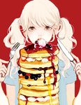  blueberry food fork fruit grey_eyes knife long_hair looking_at_viewer original pancake parted_lips red_background solo stack_of_pancakes strawberry syrup twintails uma_(i-boh) whipped_cream white_hair 
