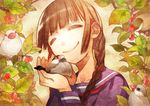  aoi_momo bad_id bad_pixiv_id berries bird braid brown_hair closed_eyes hair_over_shoulder java_sparrow leaf long_hair original school_uniform serafuku smile solo twin_braids 