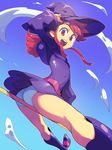  ass bad_id bad_pixiv_id boots hat highres kagari_atsuko little_witch_academia long_hair looking_at_viewer metata midair open_mouth panties red_hair smile solo staff underwear white_panties witch_hat 