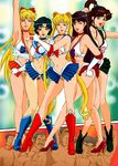  5girls aino_minako ankle_boots armpits bishoujo_senshi_sailor_moon blonde_hair blue_eyes blue_hair boots breasts brown_hair choker cleavage crotchless crotchless_clothes earrings elbow_gloves gloves high_heel_boots high_heels highres hino_rei jewelry kino_makoto knee_boots lipstick long_hair looking_at_viewer makeup microskirt midriff mizuno_ami multiple_girls navel open_mouth ponytail pose pubic_hair purple_hair revealing_clothes rippadou sailor_jupiter sailor_mars sailor_mercury sailor_moon sailor_venus shoes short_hair skirt smile standing tiara tsukino_usagi twintails very_long_hair 