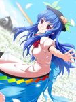  blue_hair food fruit gotou_jin hat hinanawi_tenshi long_hair outstretched_hand peach petals red_eyes solo sword_of_hisou touhou 