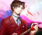  blue_eyes brown_hair demon_horns facial_hair fate/zero fate_(series) fire formal gem goatee horns male_focus momopanda solo staff suit toosaka_tokiomi 