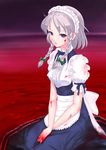  blood blood_stain blue_eyes braid highres izayoi_sakuya maid maid_headdress rasukaru silver_hair solo touhou twin_braids 