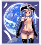  althena black_legwear blue_hair dark_persona elbow_gloves feathers gloves hat long_hair looking_at_viewer luna_noah lunar navel red_eyes revealing_clothes sasago_kaze smile solo thighhighs very_long_hair 