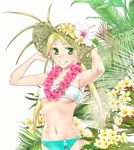  armpits bandeau bikini blonde_hair bougainvillea_(flower) breasts flower flower_necklace freckles fuyutsuku_(fuyutsuk) green_eyes grin hands_on_headwear hat hat_flower hibiscus jewelry lei long_hair looking_at_viewer low_twintails medium_breasts navel necklace original plumeria smile solo straw_hat swimsuit twintails 