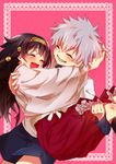  2boys alluka_zoldyck androgynous black_hair blush brothers carrying grin hair_ornament hairband hunter_x_hunter japanese_clothes killua_zoldyck long_hair male multiple_boys open_mouth princess_carry siblings smile trap white_hair yamabukiiro 