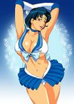  1girl areola_slip areolae armpits arms_up bishoujo_senshi_sailor_moon blue_eyes blue_hair breasts earrings elbow_gloves erect_nipples gloves highres huge_breasts jewelry legs looking_at_viewer mizuno_ami open_mouth panties pantyshot rippadou sailor_mercury short_hair simple_background skirt smile solo standing thighs underwear upskirt white_panties 