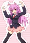  animal_ears arms_up black_legwear bunny_ears crescent cross_(crossryou) ear_grab highres jacket long_hair long_sleeves looking_at_viewer necktie open_mouth pink_eyes pink_hair pleated_skirt red_neckwear reisen_udongein_inaba shirt skirt smile solo thighhighs touhou very_long_hair zettai_ryouiki 