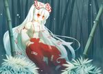  bamboo bamboo_forest blue_background forest fujiwara_no_mokou gengetsu_chihiro grass hair_ribbon hands_in_pockets long_hair long_sleeves mouth_hold nature orange_eyes puffy_long_sleeves puffy_sleeves red_eyes ribbon snowing solo stalk_in_mouth touhou tress_ribbon very_long_hair white_hair 