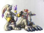  claws digimon gabumon gatomon gomamon inflating male mot nude open_mouth penis plain_background rubber shiny squished_face tongue transformation 