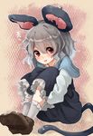  :p animal_ears blush capelet dress grey_dress grey_hair leg_hug long_sleeves looking_at_viewer mouse_ears mouse_tail nazrin red_eyes sitting smile solo tail tongue tongue_out touhou yuya_(night_lily) 