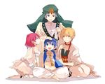  3boys aladdin_(magi) ali_baba_saluja bad_id bad_pixiv_id barefoot blonde_hair blue_eyes blue_hair feet flute freckles grey_eyes injury instrument ja'far keffiyeh magi_the_labyrinth_of_magic midriff morgiana multiple_boys navel pui red_eyes red_hair short_hair simple_background turban white_background white_hair yellow_eyes 