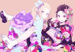  50yen all_fours bell black_hair blonde_hair bow character_request crossdressing el_shaddai enoch floral_print flower hair_bell hair_bow hair_flower hair_ornament japanese_clothes kimono long_hair lucifel_(el_shaddai) lying multiple_boys obi on_back open_mouth orange_eyes otoko_no_ko red_eyes sandals sash shoe_dangle shoes short_hair single_shoe smile tabi 