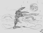  black_and_white blanket eeveelution full_moon looking_at_viewer monochrome moon night nintendo pok&#233;mon pok&eacute;mon scarf sitting stars theskeleton umbreon video_games wind 