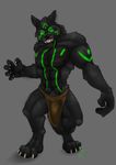 abs anthro biceps big_muscles black_fur black_nipples black_nose canine claws digitigrade fangs front_view fur glowing glowing_eyes hindpaw ishigray loincloth looking_at_viewer male mammal muscles nash_darc(character) nash_darc_(character) nipples paws pecs plain_background simple_background solo standing teeth toes toned topless were werewolf wolf 
