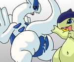  anal anus bent_over bentover bigbadwolf blue_eyes blush chubby cum cum_in_ass cum_in_pussy cum_inside female interspecies legendary_pok&#233;mon licking licking_cum lugia nintendo oze plain_backround pok&#233;mon pok&eacute;mon pussy raised_tail sweat tongue typhlosion video_games 