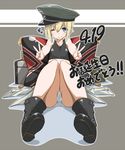  bad_id bad_pixiv_id birthday blonde_hair blue_eyes boots erica_hartmann hat one_eye_closed panties pillow shokuen_shiwe short_hair smile solo sports_bra strike_witches translated underwear v world_witches_series 