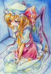  ascot blonde_hair blush colored_pencil_(medium) crying crying_with_eyes_open flandre_scarlet hat hat_ribbon highres nichibotsu_(kitaziman) open_mouth pee peeing peeing_self puddle red_eyes ribbon short_hair side_ponytail sitting skirt skirt_set solo tears thighhighs touhou traditional_media v_arms wariza white_legwear wings 