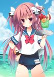  apple_slice bangs blush bow bowtie brown_eyes brown_hair cloud cowboy_shot day drink flower food hair_bow hand_on_hip hibiscus holding holding_tray izumiyuhina long_hair no_pants ocean one-piece_swimsuit original outdoors pocky polka_dot polka_dot_bow polka_dot_neckwear red_bow red_neckwear school_swimsuit school_uniform scrunchie serafuku short_sleeves sky solo sunlight swimsuit swimsuit_under_clothes tray tropical_drink tsurime two_side_up very_long_hair water white_bow wrist_scrunchie 