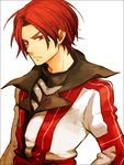  armor colored_eyelashes expressionless gensou_suikoden gensou_suikoden_ii male_focus morisuke red_eyes red_hair seed_(suikoden) solo surcoat white_background 