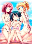  areola_slip areolae ass ayase_eli bad_id bad_pixiv_id bare_shoulders beach bibi_(love_live!) bikini black_hair blonde_hair blue_eyes breasts cameltoe cloud collarbone commentary_request covering covering_breasts day girl_sandwich groin kashi kneeling large_breasts long_hair looking_at_viewer love_live! love_live!_school_idol_project multiple_girls navel nishikino_maki open_mouth outdoors ponytail purple_eyes red_eyes red_hair sandwiched side-tie_bikini sideboob sitting sky slingshot_swimsuit small_breasts striped striped_bikini striped_swimsuit swimsuit twintails water white_bikini yazawa_nico 