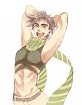  :d adonis_belt arms_behind_head bad_id bad_pixiv_id brown_hair crop_top green_eyes grin groin jojo_no_kimyou_na_bouken joseph_joestar_(young) male_focus midriff open_mouth s_gentian scarf smile solo 