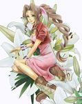  aerith_gainsborough bow bracelet brown_hair cropped_jacket dress expressionless final_fantasy final_fantasy_vii flower full_body green_eyes hair_ribbon highres jewelry lily_(flower) long_dress long_hair pink_bow pink_dress pipi-mama ponytail ribbon shoes solo very_long_hair 