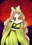  animal_ears bad_id bad_pixiv_id bare_shoulders curly_hair fox_ears grey_hair haruhito_(divineshalt) highres japanese_clothes kimono leaf leaf_on_head long_hair looking_at_viewer oboro_muramasa off_shoulder oriental_umbrella smile solo umbrella very_long_hair yuzuruha 