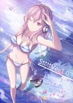  barefoot bikini breasts cleavage colored_eyelashes flower front-tie_top headphones large_breasts long_hair navel nitroplus pink_eyes pink_hair shading_eyes shadow shoes shoes_removed side-tie_bikini smile solo striped striped_bikini super_sonico swimsuit tenko wading water 