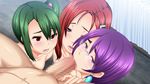  16:9 1boy 3girls blue_eyes blush butcha-u censored earrings eroquis fellatio game_cg glasses green_hair harem inoue_aoi jewelry jutaijima kisaragi_rei looking_at_viewer multiple_girls nagoshi_yumi nude open_mouth oral penis purple_hair red_eyes red_hair short_hair side_ponytail tanaka_shouta watching 