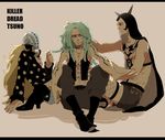  3boys aqua_hair blonde_hair boots fishnets hat heat_(one_piece) helmet kid_pirates killer_(one_piece) letterboxed long_hair male male_focus multiple_boys one_piece pirate polka_dot polka_dot_shirt shirt sitting spikes stitching trio vest wire_(one_piece) 