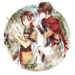  1girl ayda_(suikoden) belt braid brown_hair copyright_name feather_(suikoden) gensou_suikoden gensou_suikoden_ii griffin hair_over_shoulder headband highres kinnison_(suikoden) long_hair potassium77 scarf shiro_(suikoden) skirt tribal white_wolf wolf yellow_eyes 