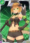  artist_request axe bandaid black_legwear blonde_hair elbow_gloves elbow_pads gloves green_background green_eyes grin horns jormungandr_(zettai_bouei_leviathan) navel official_art scales short_hair short_shorts shorts smile solo tail thighhighs weapon zettai_bouei_leviathan 