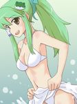  alternate_hairstyle bikini brown_eyes frog_hair_ornament green_hair hair_ornament jack_(wkm74959) kochiya_sanae long_hair ponytail sarong sarong_lift snake_hair_ornament solo swimsuit touhou white_bikini white_sarong 