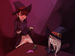  2girls akko_kagari blonde_hair blunt_bangs bottle brown_hair chin_rest crotch_rub dress dress_lift drooling eyes_closed hair_over_one_eye hat little_witch_academia looking_at_another masturbation multiple_girls no_panties potion pussy pussy_juice saliva smile sucy_manbabalan table witch witch_hat 
