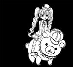 1girl bear black_background boots child collar dress hat kumacy lolita_fashion long_hair long_sleeves mini_hat monochrome one_piece perona pupupu riding spikes striped striped_legwear top_hat twintails young younger 