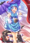  :d bare_legs black_hair black_wings blue_eyes blue_hair blush camera fun_bo geta hat heterochromia implied_pantyshot karakasa_obake multiple_girls open_mouth purple_umbrella red_eyes shameimaru_aya short_hair skirt smile tatara_kogasa tokin_hat tongue touhou umbrella wind wind_lift wings 