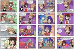  5girls black_hair blonde_hair blue_hair bottle bow braid comic commentary detached_sleeves disco_ball earmuffs finnish gameplay_mechanics glass hair_bow hair_rings hair_tubes hakurei_reimu hat kaku_seiga kirisame_marisa light_brown_hair miyako_yoshika multiple_4koma multiple_girls no_hat no_headwear ofuda outstretched_arms phonograph power-up reverse_translation seiza setz shirt short_hair single_braid sitting sleeveless star touhou toyosatomimi_no_miko translated turntable zombie_pose 