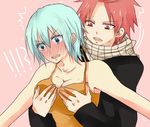  ! 1boy 1girl ? bare_shoulders blue_eyes blue_hair blush breast_grab breasts cleavage fairy_tail grabbing lisanna lisanna_strauss natsu_dragneel open_mouth pink_background pink_hair red_eyes scarf short_hair 