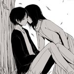  1girl black_hair closed_eyes doudoude_dou eren_yeager hetero imminent_kiss leaf mikasa_ackerman monochrome scarf shingeki_no_kyojin sleeping tree younger 