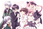  3boys 3girls andou_natsu_(30-sai_no_hoken_taiiku) blue_eyes blush bow bowtie breasts brothers brown_hair cleavage daigorou_(30-sai_no_hoken_taiiku) dress glasses gloves holding_hands imagawa_hayao kuu-chan_(30-sai_no_hoken_taiiku) long_hair macaron_(30-sai_no_hoken_taiiku) medium_breasts multiple_boys multiple_girls nyaa_(nnekoron) open_mouth pii-chan_(30-sai_no_hoken_taiiku) pink_hair short_hair siblings silver_hair sisters smile trench_coat twintails white_hair 