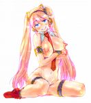  armlet bad_id bad_pixiv_id between_breasts bloom blue_eyes bracelet breast_hold breasts character_request headphones jewelry large_breasts long_hair looking_at_viewer necktie nipples nude pink_hair sketch solo sweatdrop twintails uniskie vocaloid white_background 
