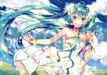  bad_id bad_pixiv_id bracelet cloud day dress green_eyes green_hair hatsune_miku jewelry long_hair lowres microphone necklace open_mouth sazanami_shione sky solo twintails very_long_hair vocaloid 